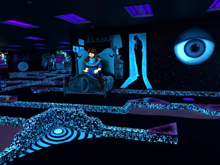 Interior of indoor mini golf course at Twilight Zone Mini Golf.